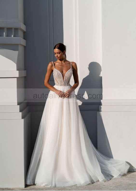 Spaghetti Straps White Glitter Lace Tulle Sexy Wedding Dress Spaghetti Straps White Glitter Lace Tulle Sexy Wedding Dress